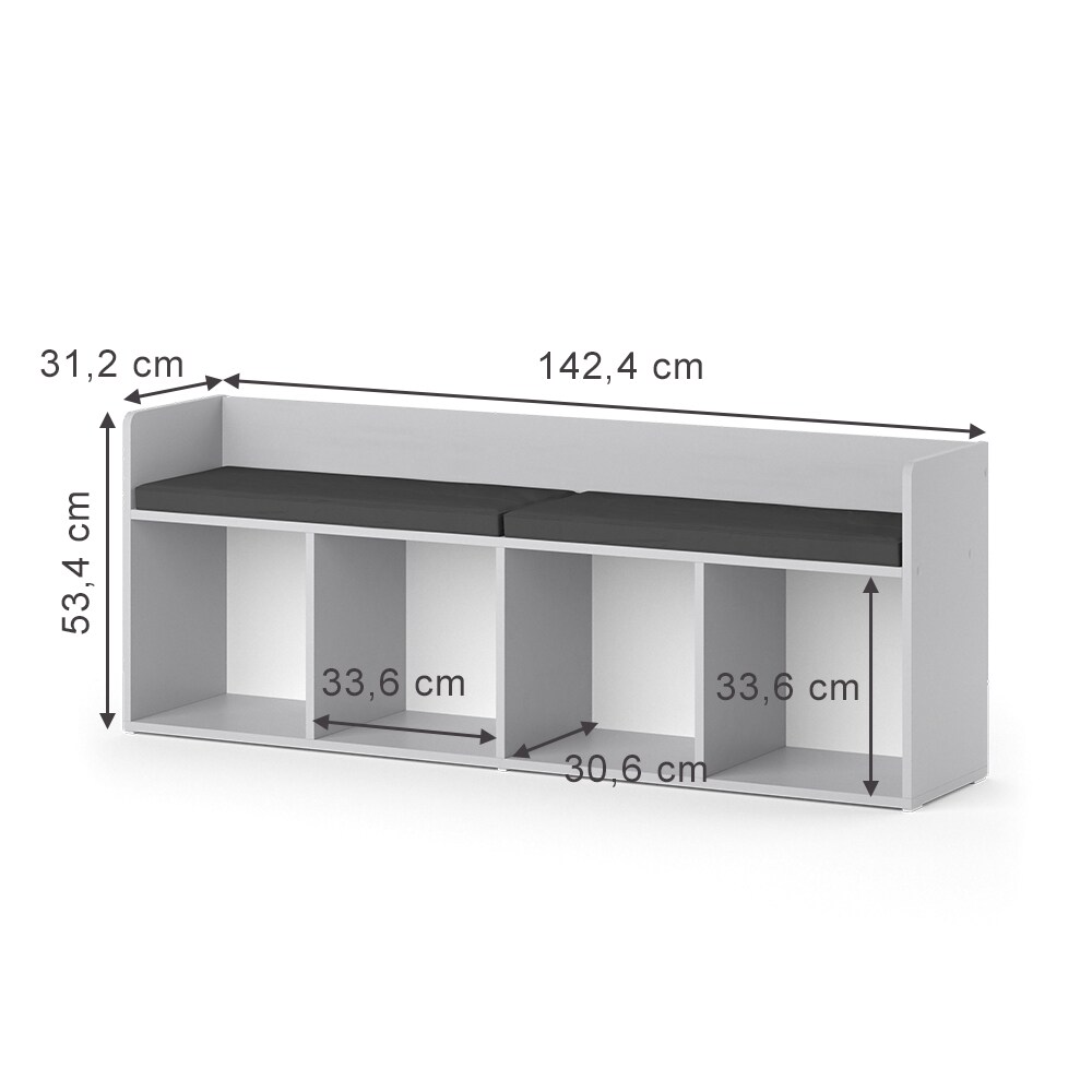 Vicco Sitzbank Kinderzimmerbank Kinderregal Luigi Hellgrau 142x53 cm modern Kinderzimmer Regal Aufbewahrungsregal Bücherregal Lesebank Spielzeugaufbewahrung Organizer Regal-Bank-Kombi 4 Fächer