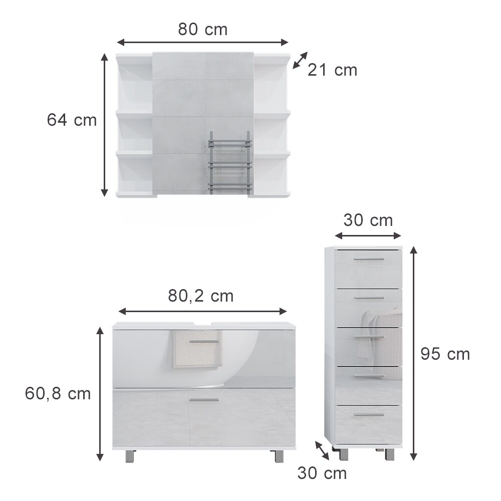 Vicco Badmöbel-Set Ilias Weiß Hochglanz modern Waschtischunterschrank Spiegelschrank Midischrank