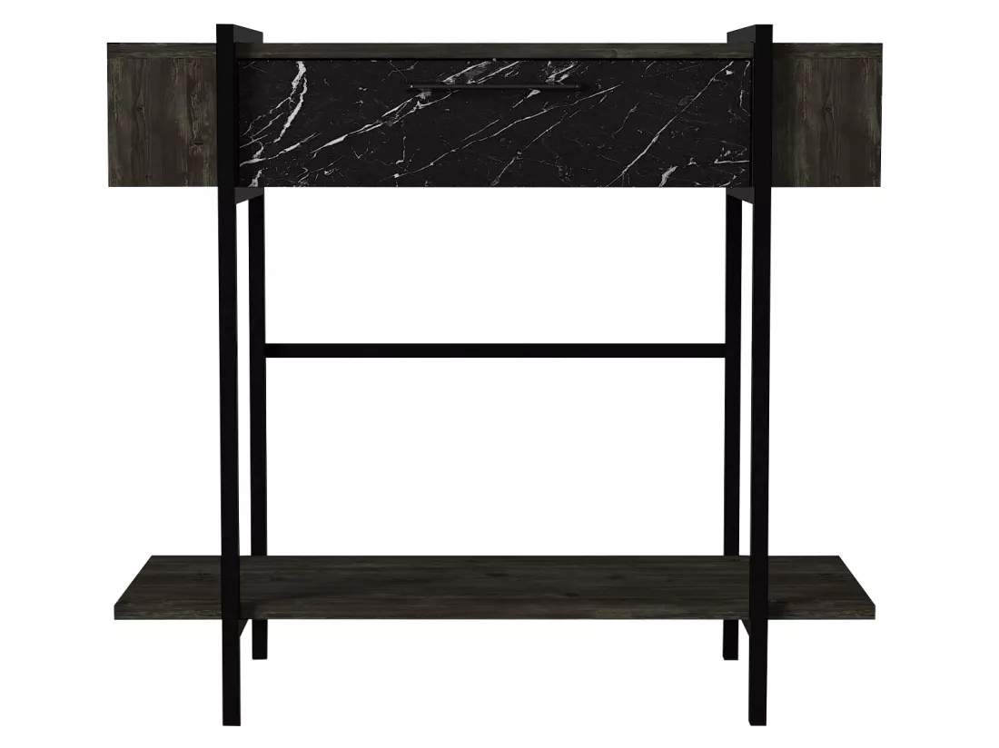 Console avec 1 porte et 1 étagère - Naturel foncé et effet marbre noir - CHENOA