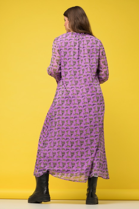 Maxikleid, A-Line, Chiffon, Tiger-Print, Volants, Rüschenkragen, Langarm