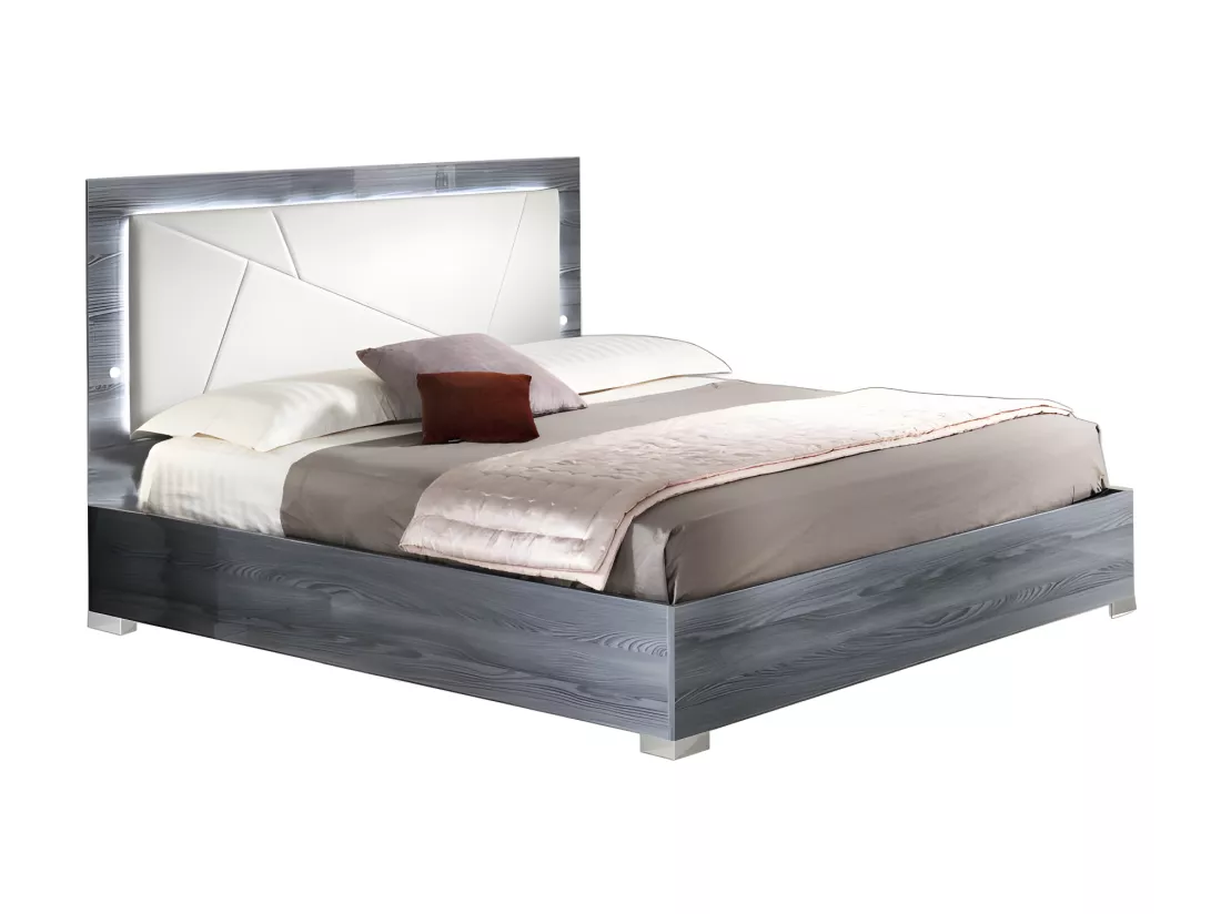 Chambre complète 160x200 gris/Simili cuir blanc à LEDs - FENY n°2