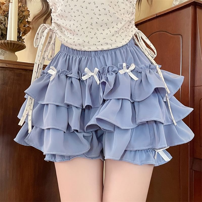 MELLO - Hoge taille, effen strikaccent, gelaagde ruches, mini-A-lijn skort