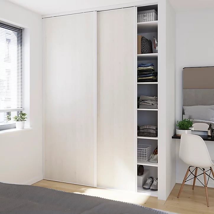 Porte de placard coulissante bois nordique profil blanc GoodHome Arius H. 248,5 x L. 92.2 cm + amortisseurs