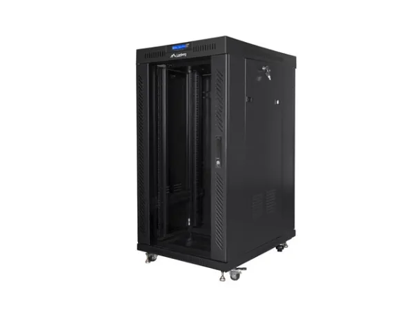 Lanberg FF01 series - Rack kabinet - 600 x 800, fladpakke, med glasdør, LCD - med LCD skærm, termostat, 4 køleblæsere - fritstående - sort, RAL 9004 - 22U - 19