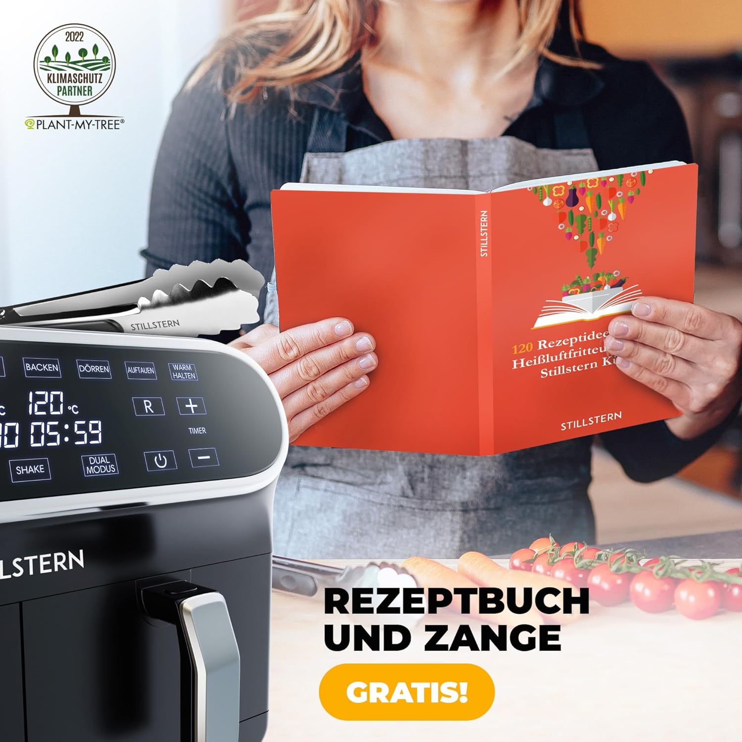 Stillstern Heißluftfritteuse 2 Kammern 8L Dual Zone Airfryer XXL, 2400W, Ausgezeichnet 1,2 (Sehr Gut), Fritteuse Air Fryer, Rezeptbuch, Auftauen&Warmhalten Heissluftfritteuse Doppelkammer, Air Fryers