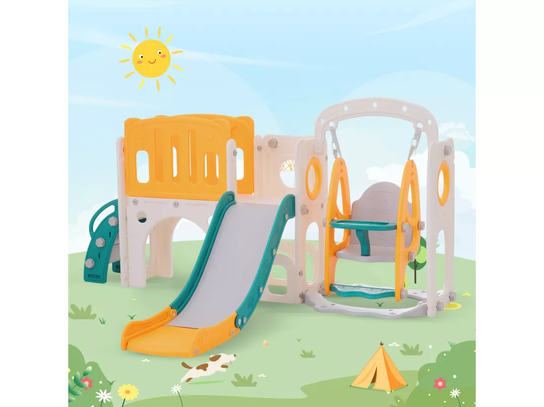 Toboggan 7 en 1 pour enfants - 215 x 150 x 106cm - en HDPE - avec balançoire et panier de basket - vert