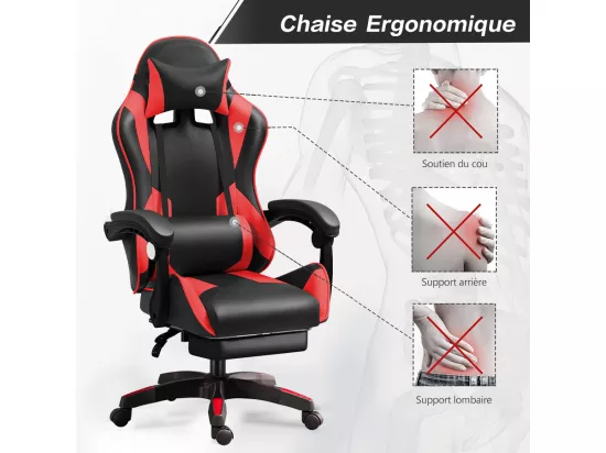 Fauteuil gamer - Chaise gaming - Chaise de bureau ergonomique - Hauteur Réglable - Support lombaire et Repose-pieds - Charge 120 kg - Noir et Rouge