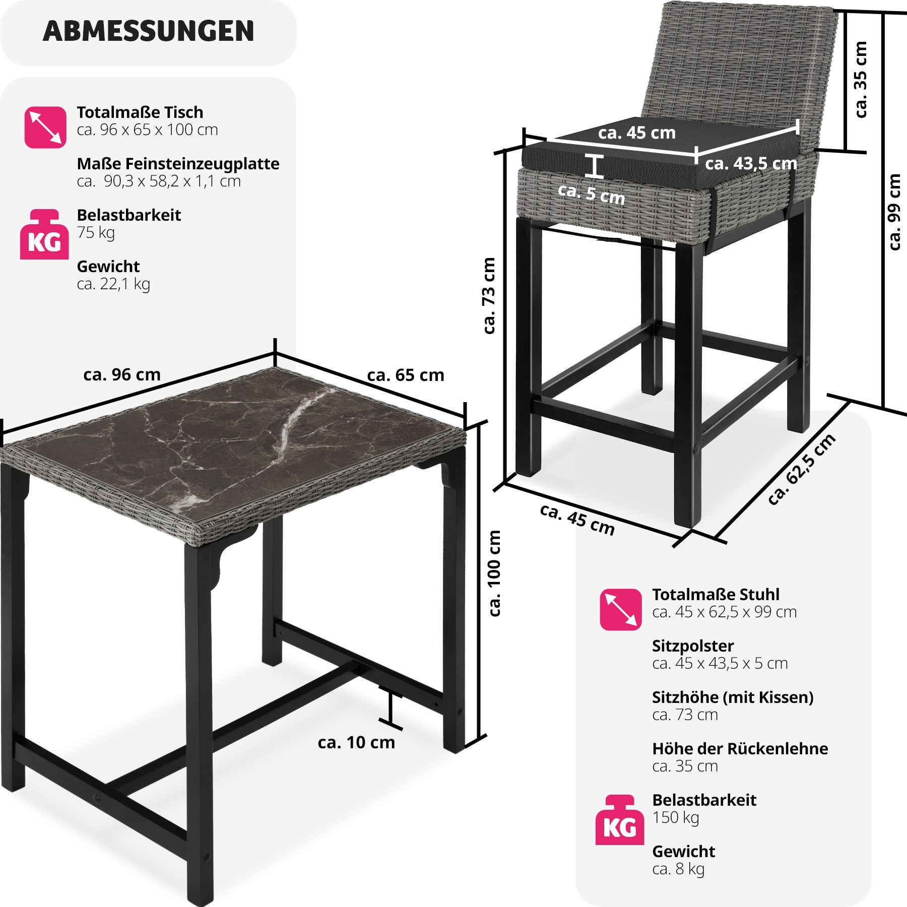 Rattan Tisch Kutina mit 2 Stühlen Latina