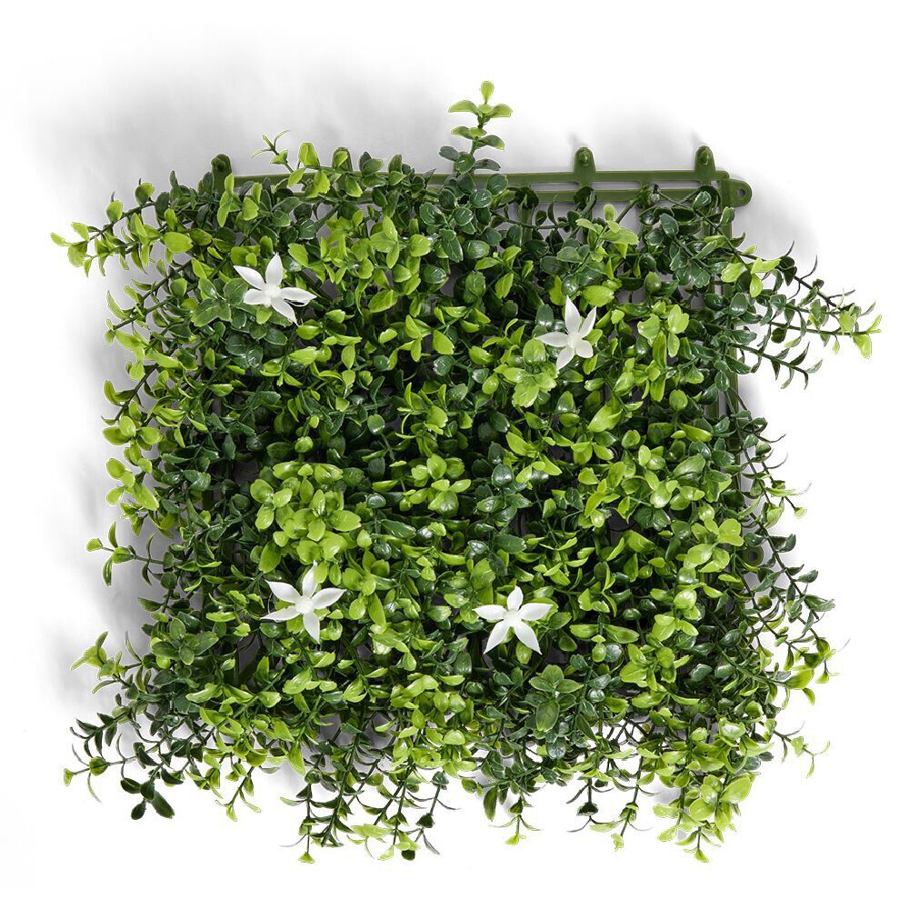 Carré végétal artificiel feuillage et fleurs blanches 25x25cm clipsable