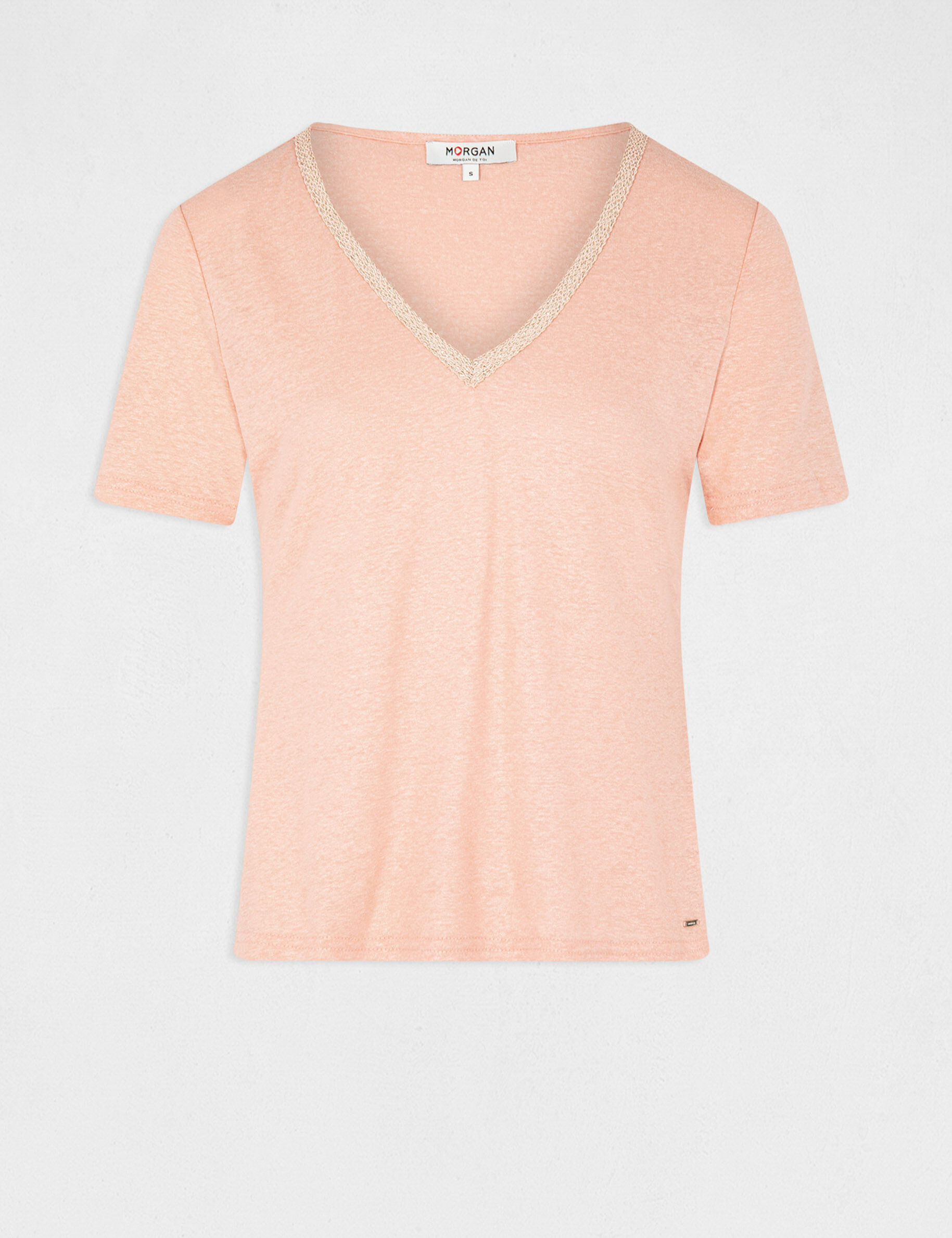 T-shirt manches courtes col en V rose moyen femme - rose_moyen