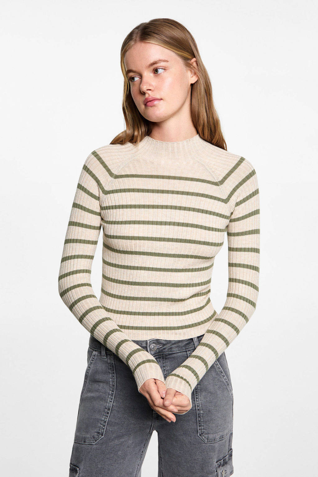 MANGO TEEN trui lichtbruin rib gebreid