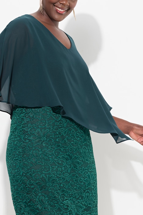 Abendkleid, Chiffon-Cape, Jersey, Spitzensaum, 3/4-Arm