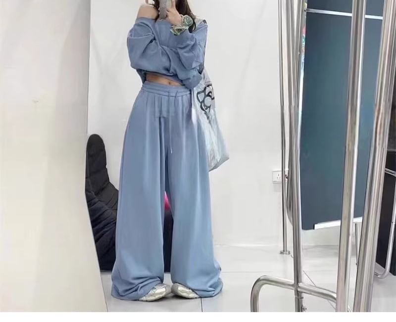 Bolgivy - Set: Cold Shoulder Plain Crop Sweatshirt + Drawstring Waist Plain Wide Leg Sweatpants