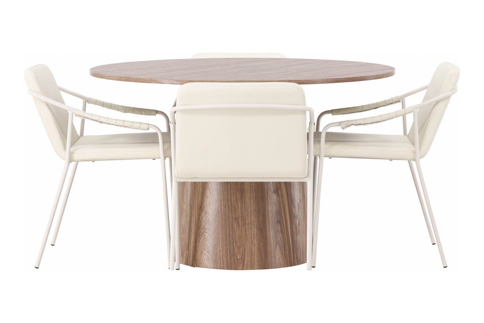 Lanzo og Tvist Spisegruppe Lanzo rundt spisebord ø120cm i natur med 4 stk. Tvist med arm spisetoler i Beige PU og metal understell.