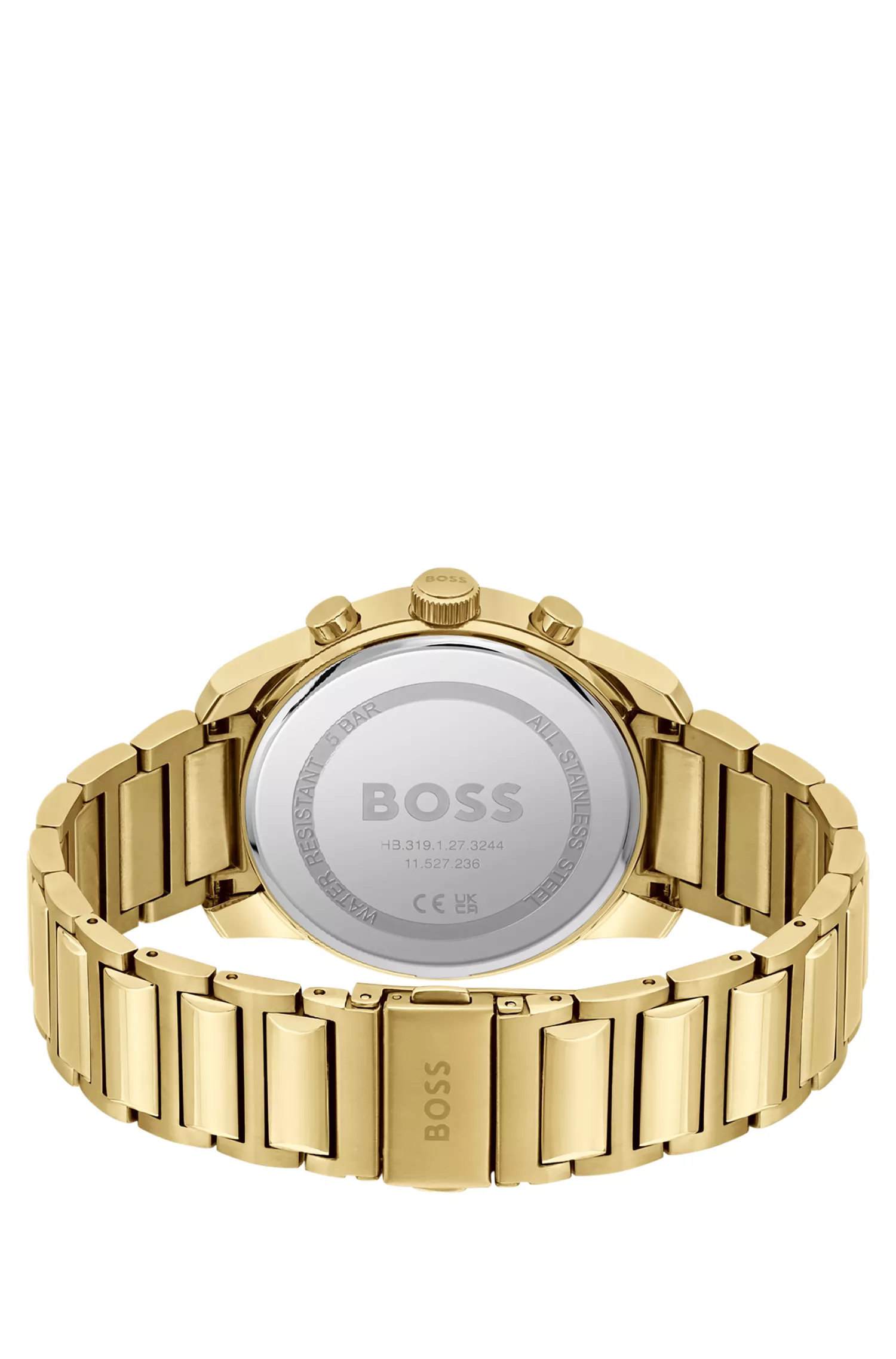Relógio cronógrafo BOSS com efeito preto e dourado e mostrador preto.