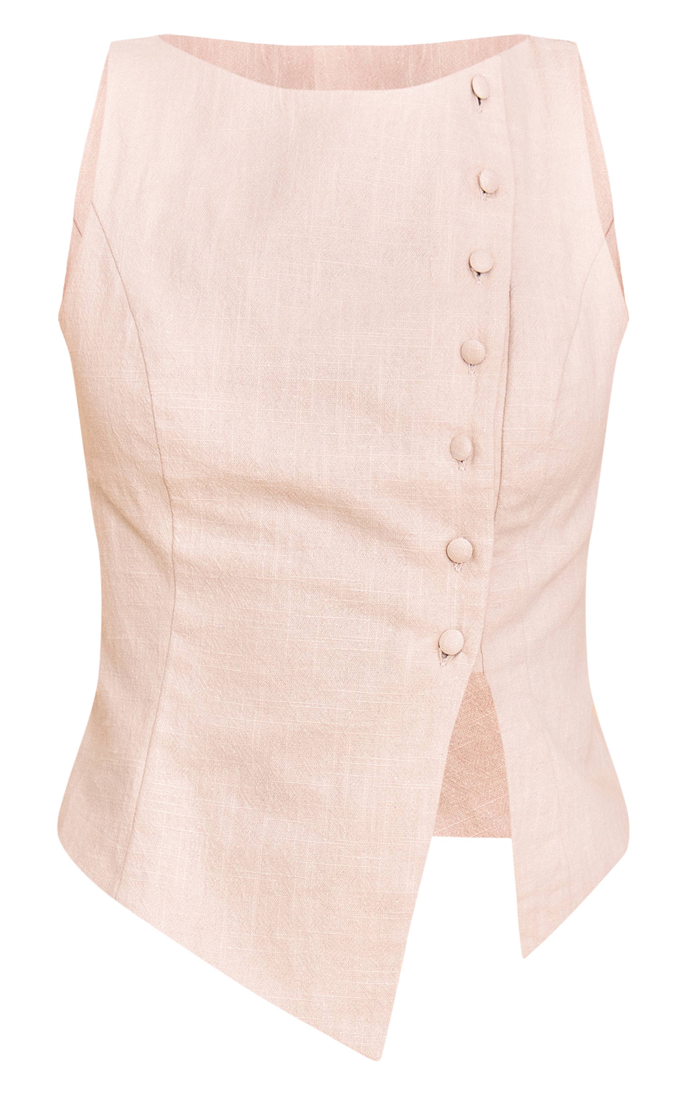 Naturel Gilet Asymétrique Boutonné En Mélange De Lin Premium