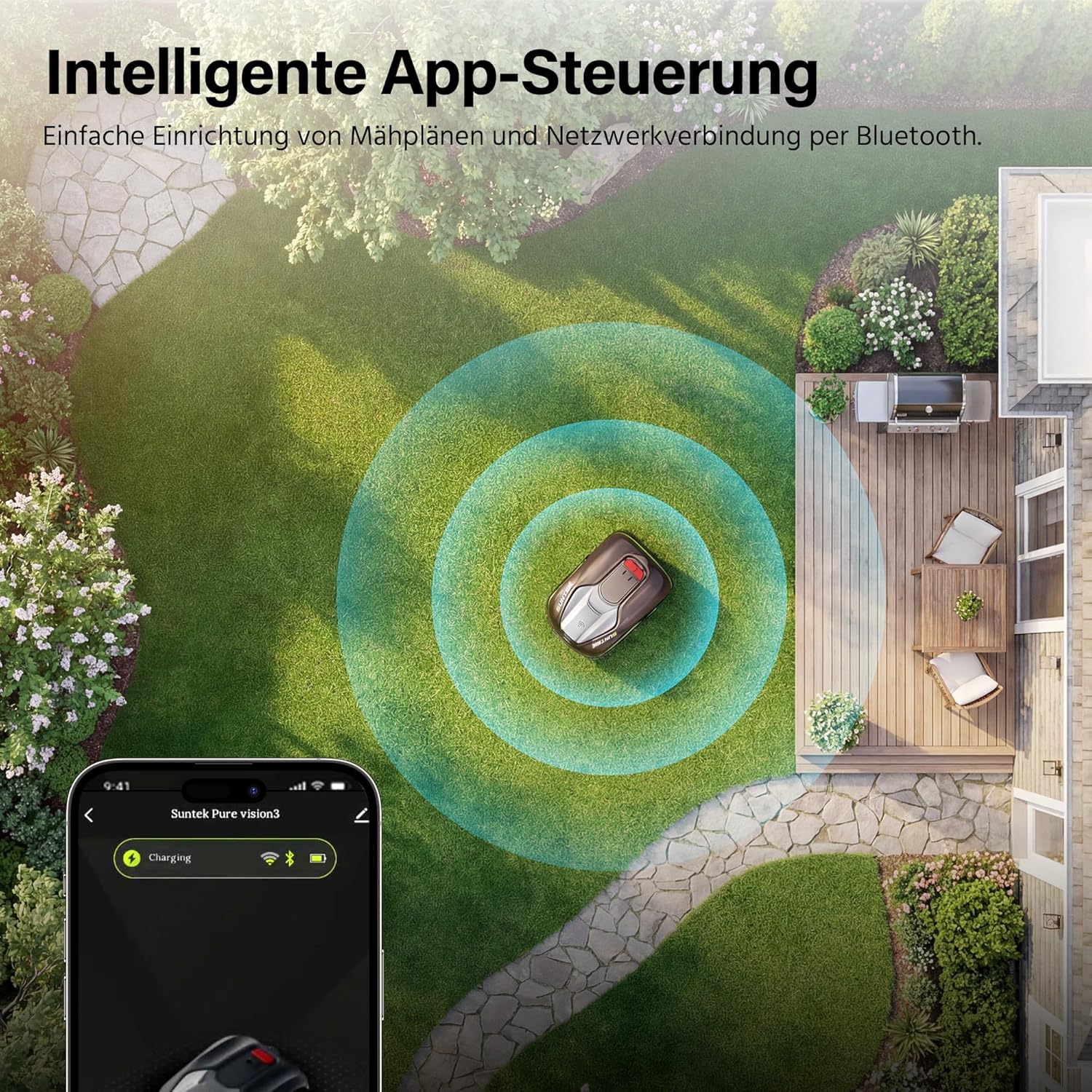 SUNTEK Mähroboter ohne begrenzungskabel AI Vision-Kamera, Rasenmäher Roboter, Max 600 m², Genaue Hindernisvermeidung, IPX5-Wasserschutz, APP Bedienbar