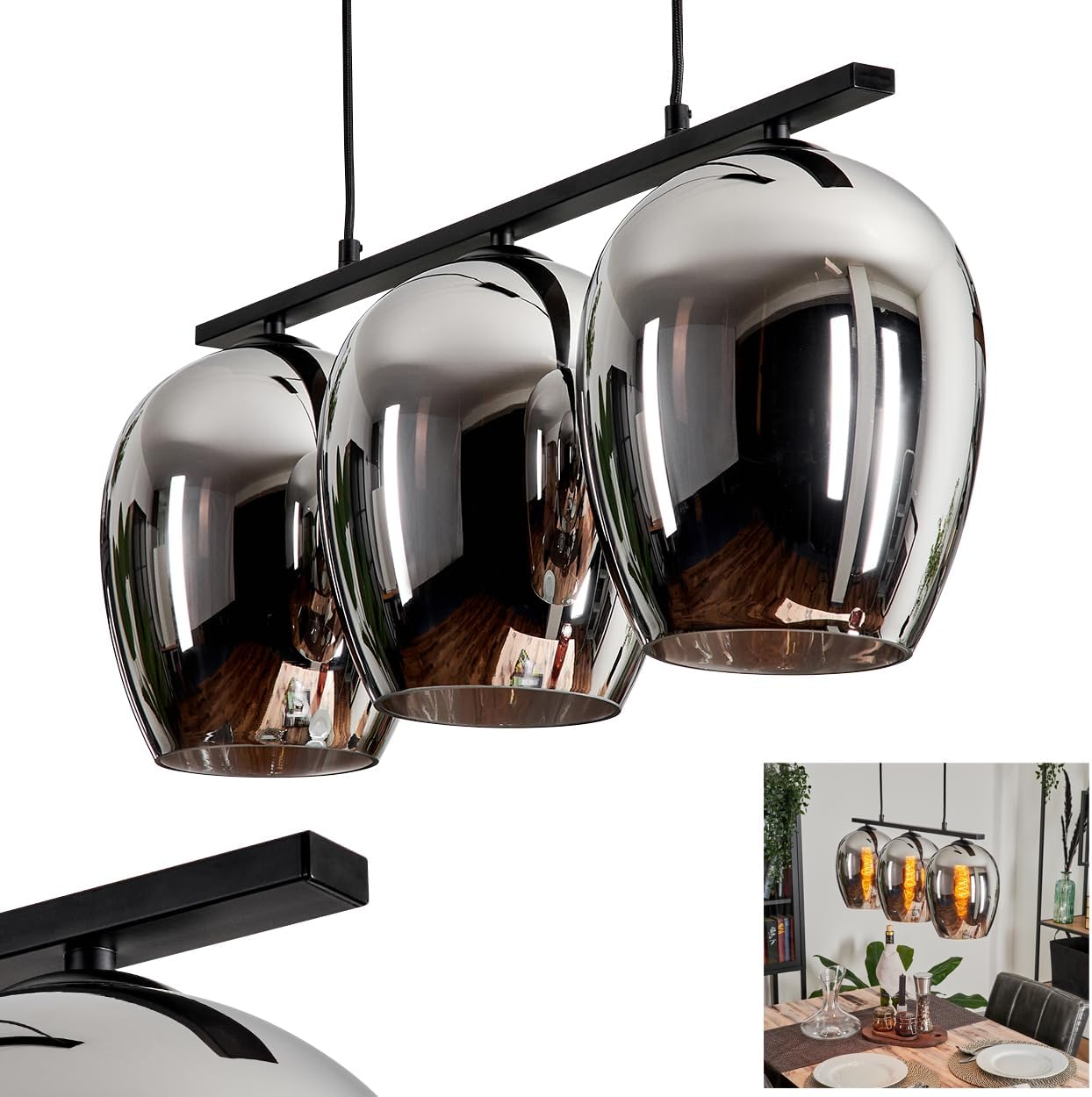 Pendelleuchte Vevino, Hängeleuchte aus Metall/Glas in Schwarz/Chromfarben, Leuchte im Vintage/Retro Design, Schirme aus Glas (Ø 20 cm), 3-flammig, Höhe max. 116,5 cm, 3 x E27, ohne Leuchtmittel