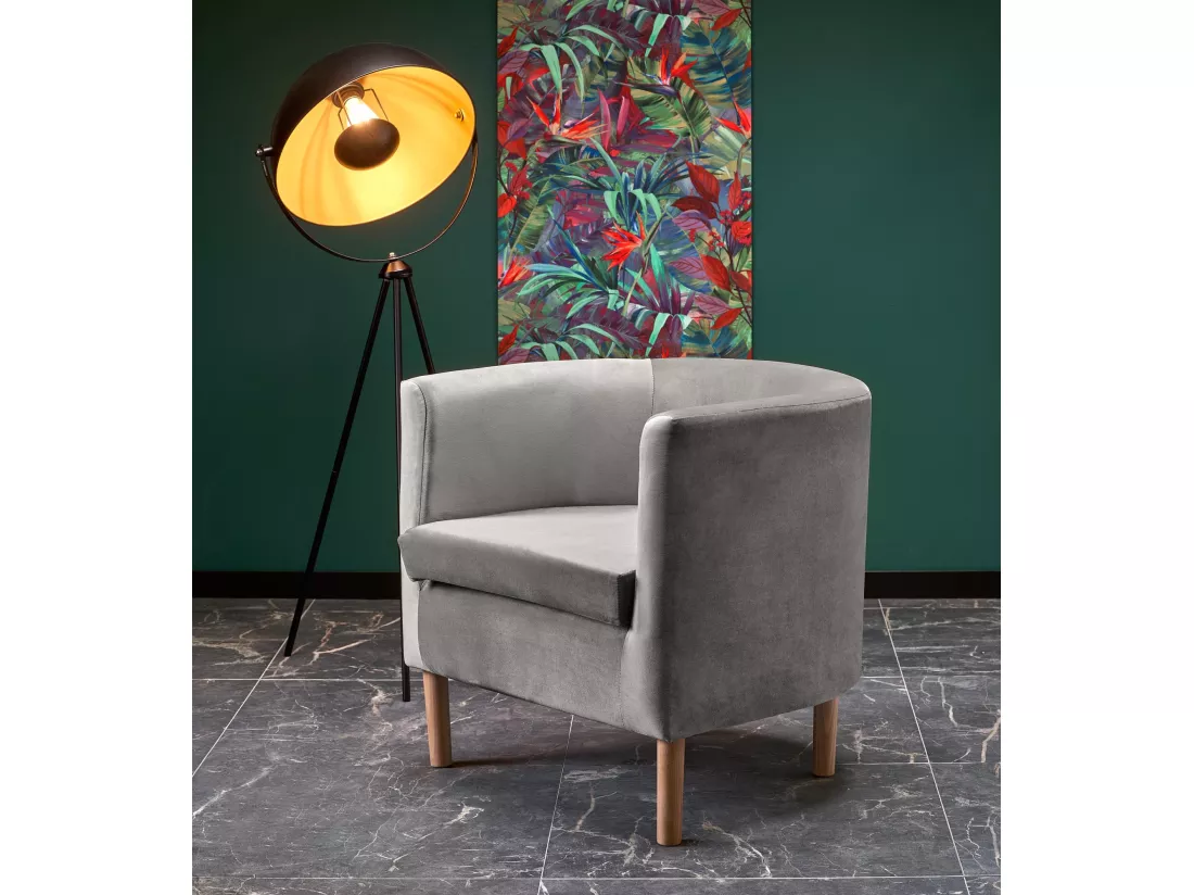 Fauteuil lounge en velours gris avec pieds en bois massif KELEN