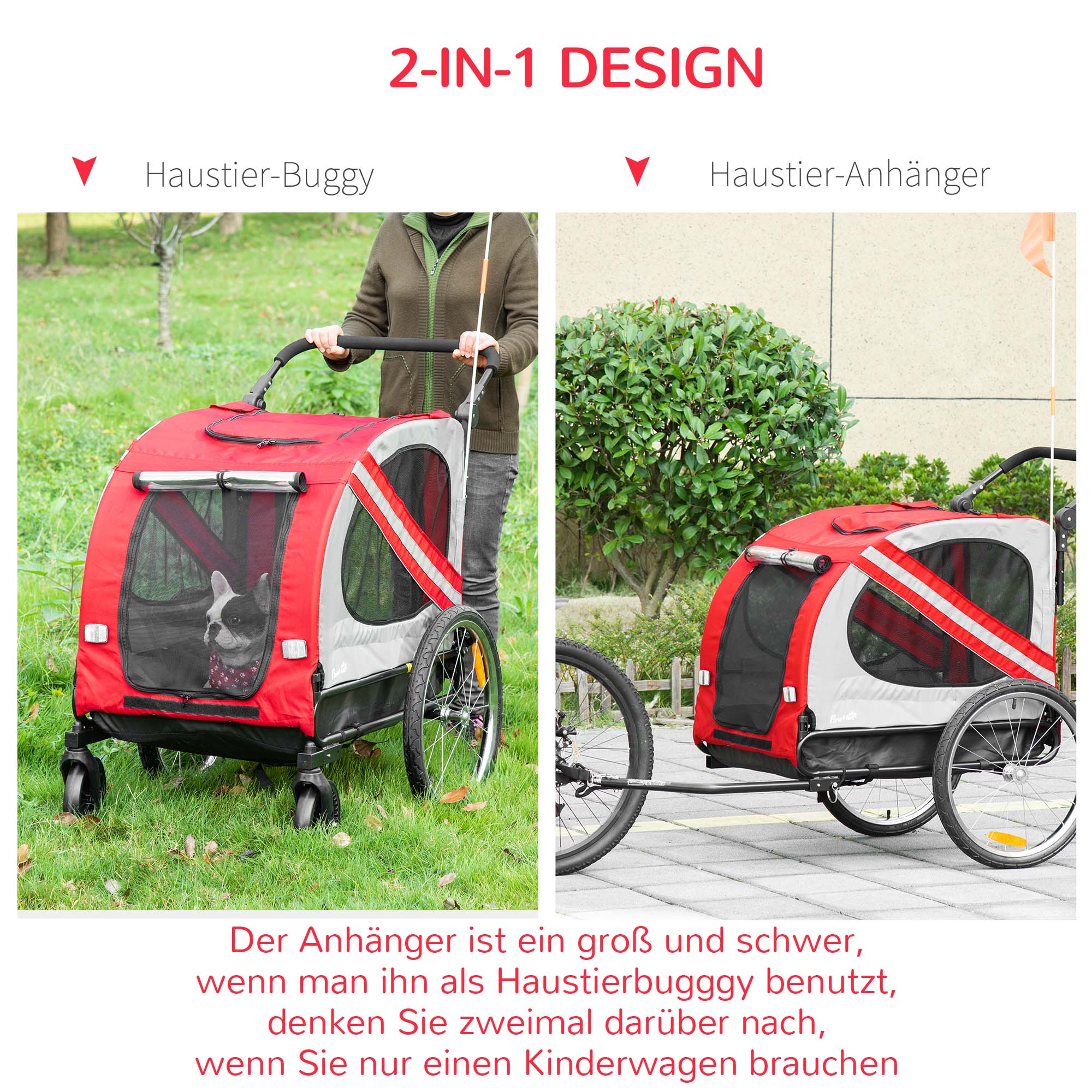 PawHut 2-in-1 Hundewagen und Anhänger mit Luftpumpe und roter Fahne grau 140L x 72,5B x 108H cm