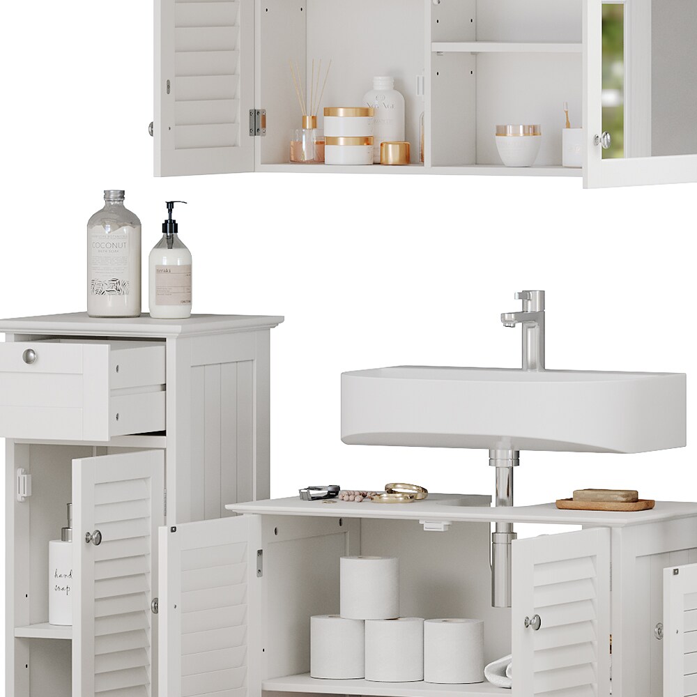 Vicco Badmöbel-Set Riad, Weiß, Badezimmer, moderne Badserie, Lamellen-Front, Waschtischunterschrank, Spiegelschrank, Midischrank, Hochschrank, Sideboard