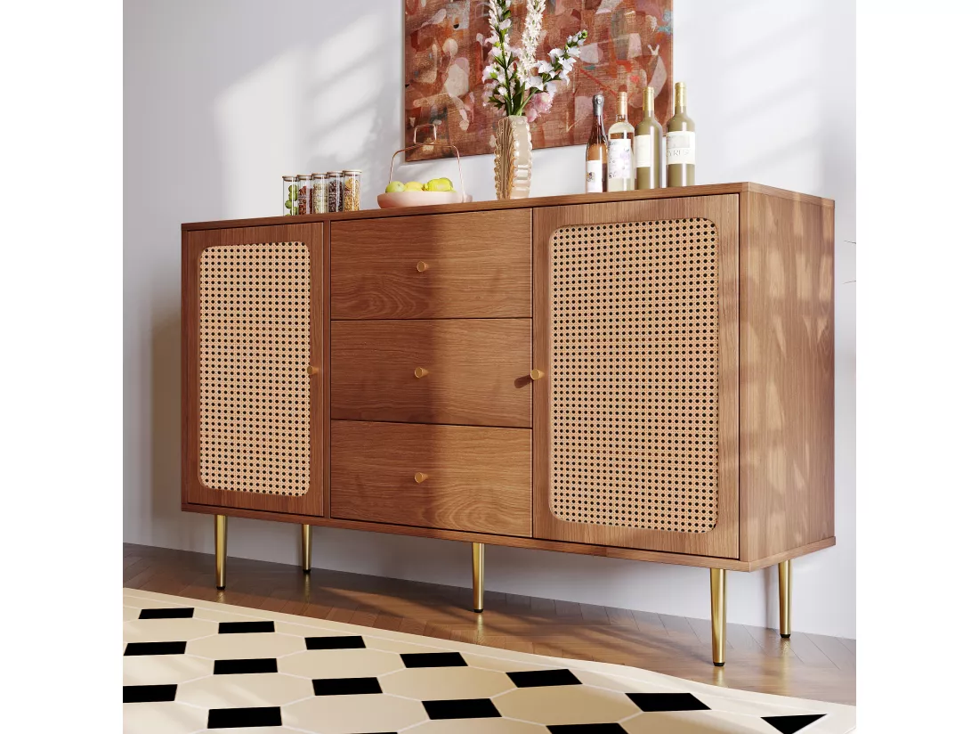 Buffet bas en rotin avec 3 tiroirs & 2 portes - marron