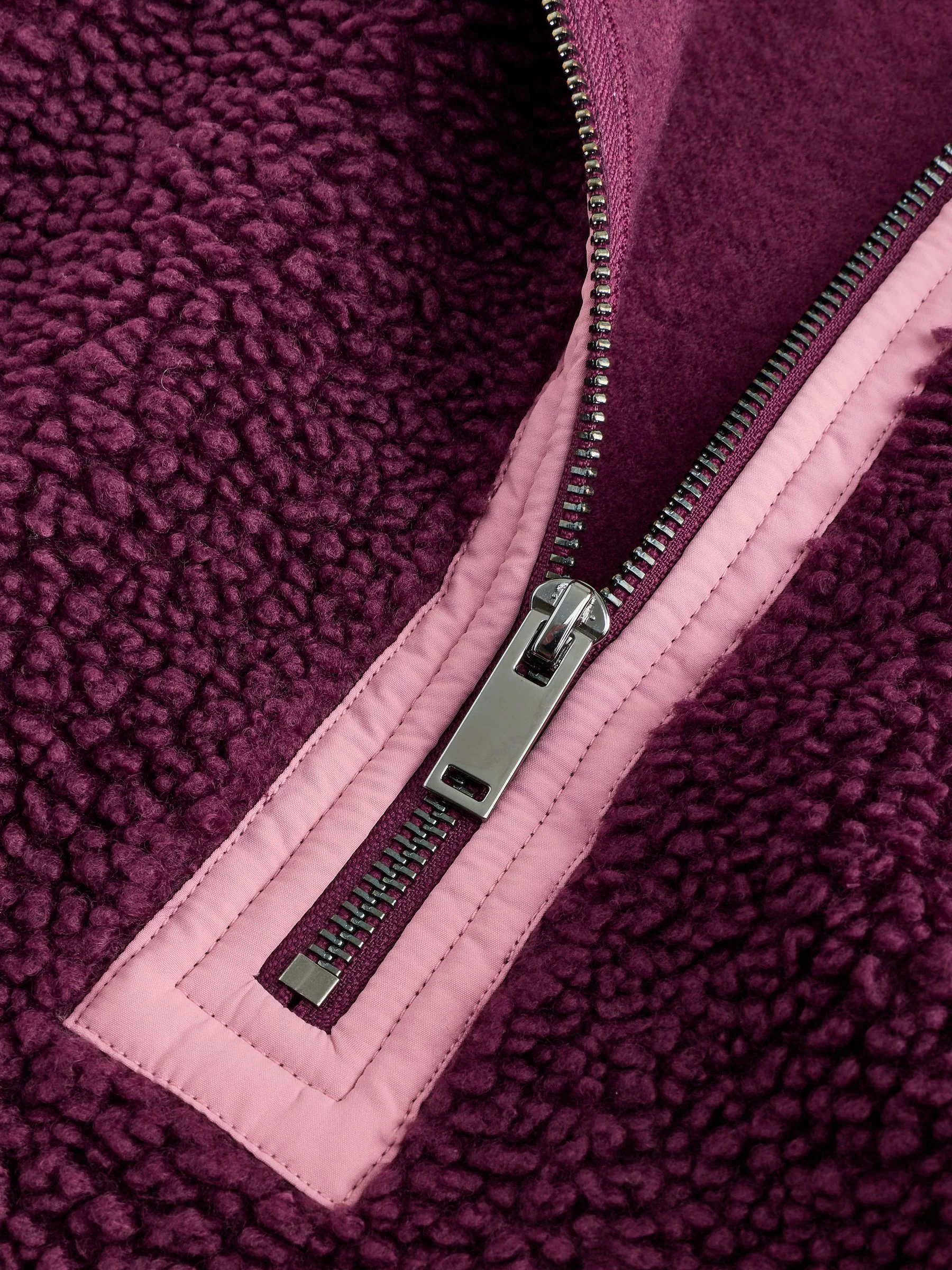 Bordeauxrood/roze - Borg fleece met korte rits