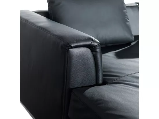 Canapé Angle à gauche en Cuir Véritable Noir et Pouf Ottoman Housses Amovibles Oslo