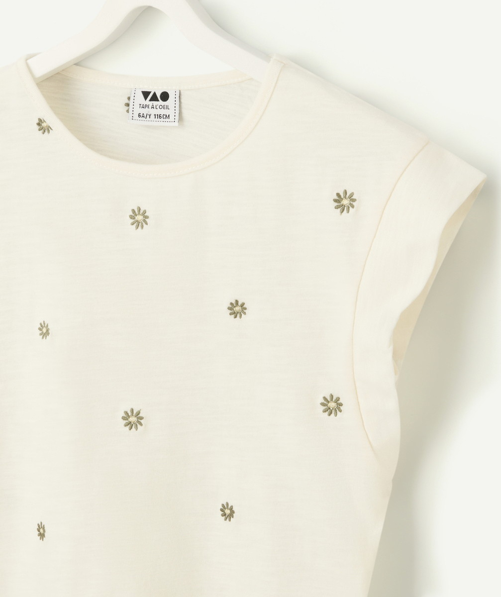 t-shirt manches courtes fille en coton biologique écru avec marguerites brodé