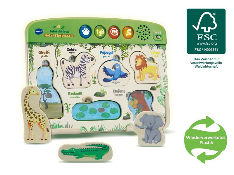 Vtech Steckspiel Interaktives Holz-Tierpuzzle Umweltfreundliches Steckpuzzle mit Musik und lustigen Geräuschen