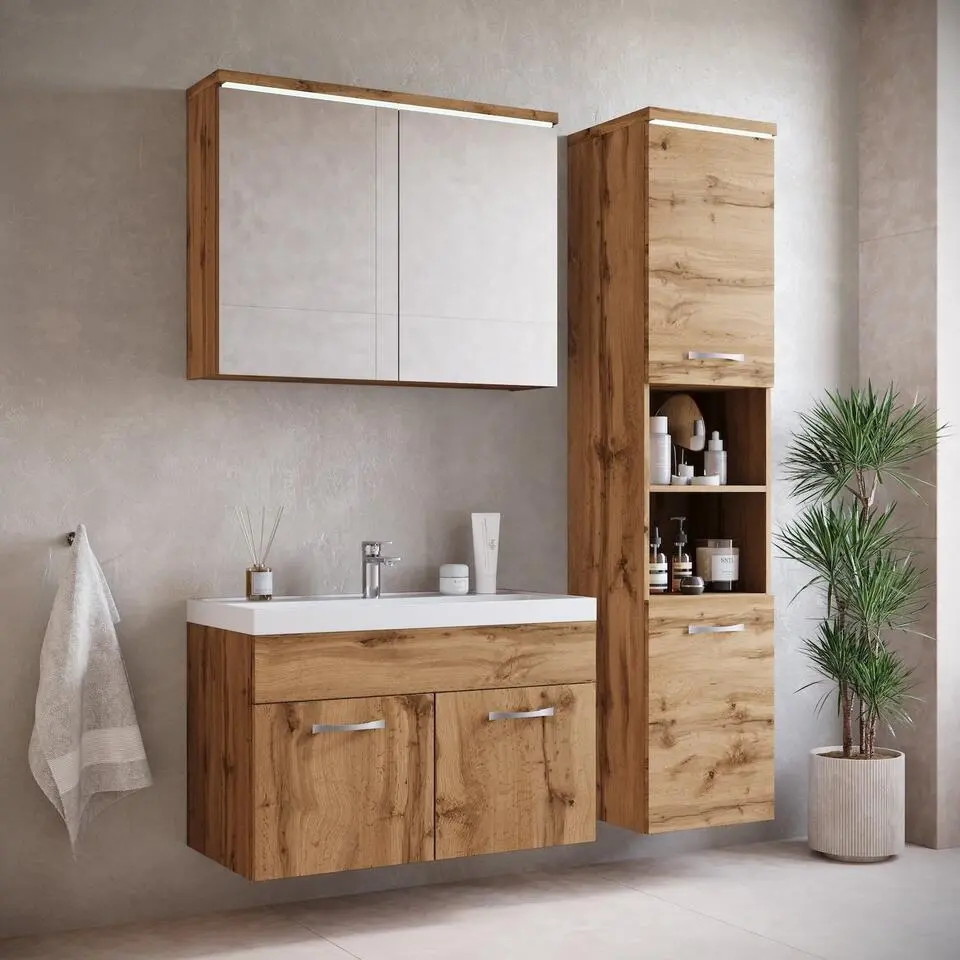 Badplaats Badkamermeubel Set Paso 80 x 40 cm - Eiken - Badmeubel met spiegelkast