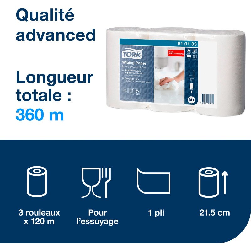 Mini bobine d'esuyage à dévidage central Tork M1 - Longueur 120 m - Lot de 3