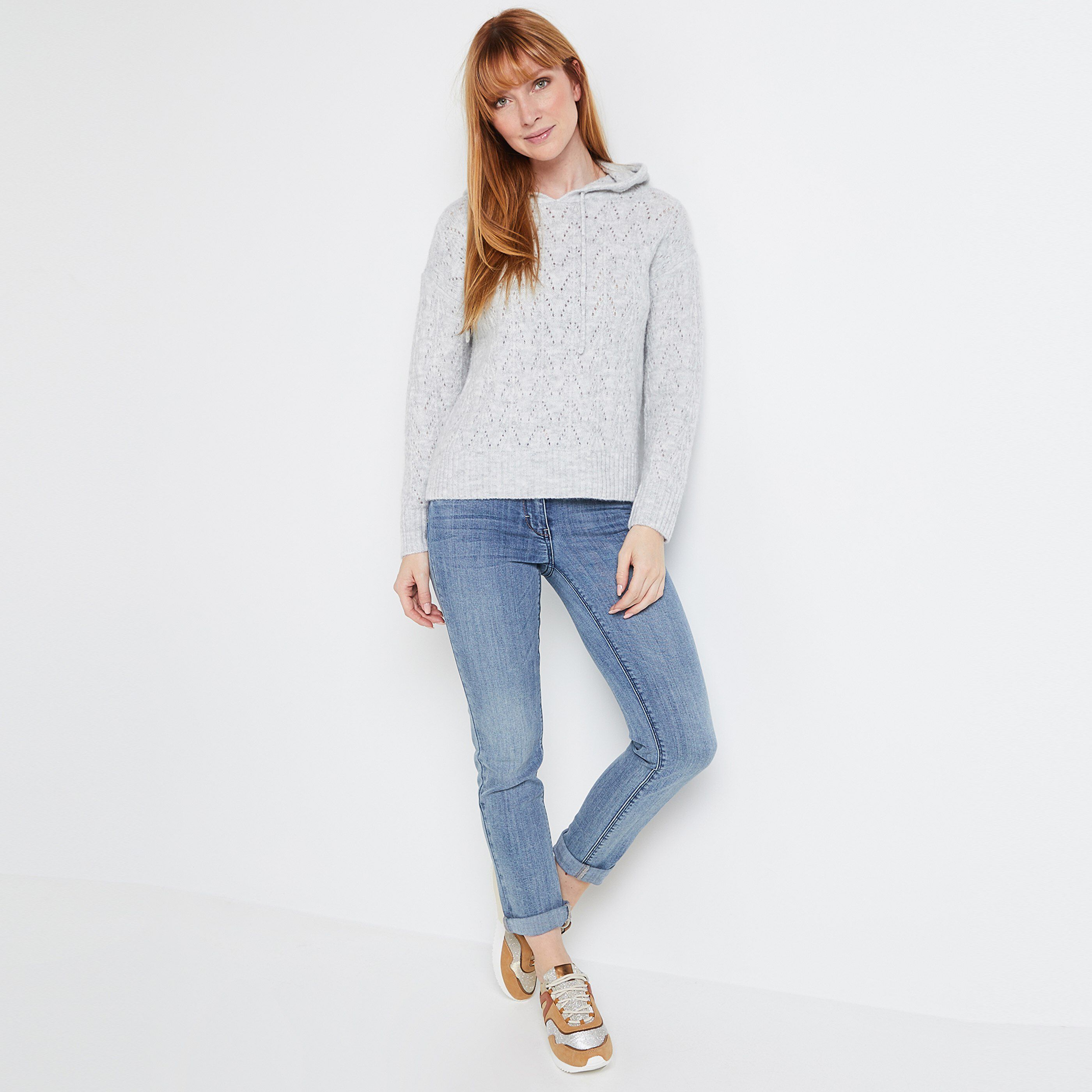 Pull ajouré à capuche femme - GRIS