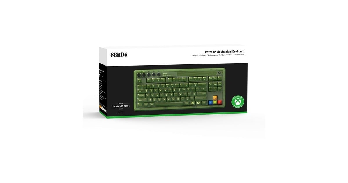 8BitDoRetro 87 Mechanical Keyboard - Xbox Edition, gaming toetsenbord  (Groen, US lay-out, Kailh Box Jellyfish X, TKL, ABS keycaps, Bluetooth 5.0, Wireless 2.4G, USB)