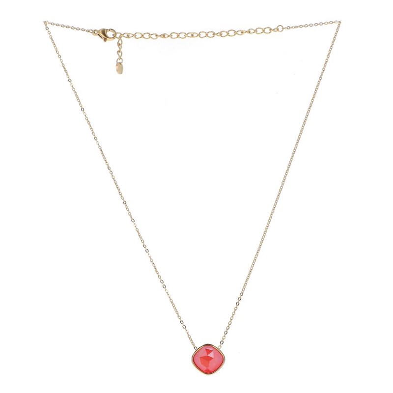 Collier en acier maille dorée orné d'un cristal taillé couleur corail avec chaînette réglable