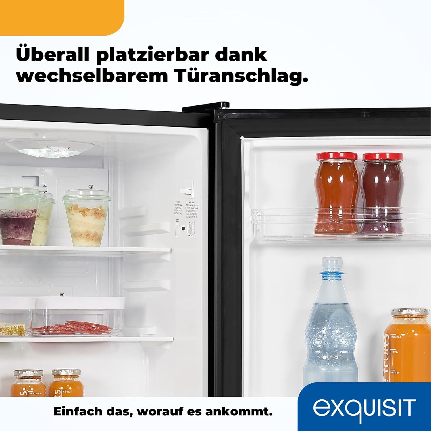 Exquisit Mini Kühlschrank KB60-V-090E schwarz | 52 l Nutzinhalt | LED-Innenbeleuchtung | Glasablagen | 45cm Breite