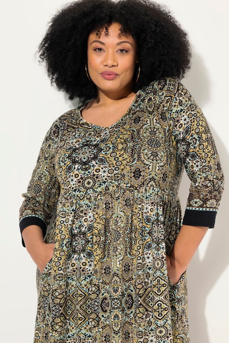 Jerseykleid, Paisley, A-Linie, Tunika-Ausschnitt, 3/4-Arm