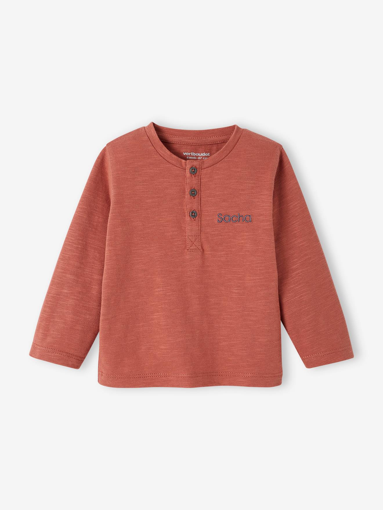 Camiseta personalizável para bebê menino, com gola tunisiana e mangas compridas, lisa, bege claro.