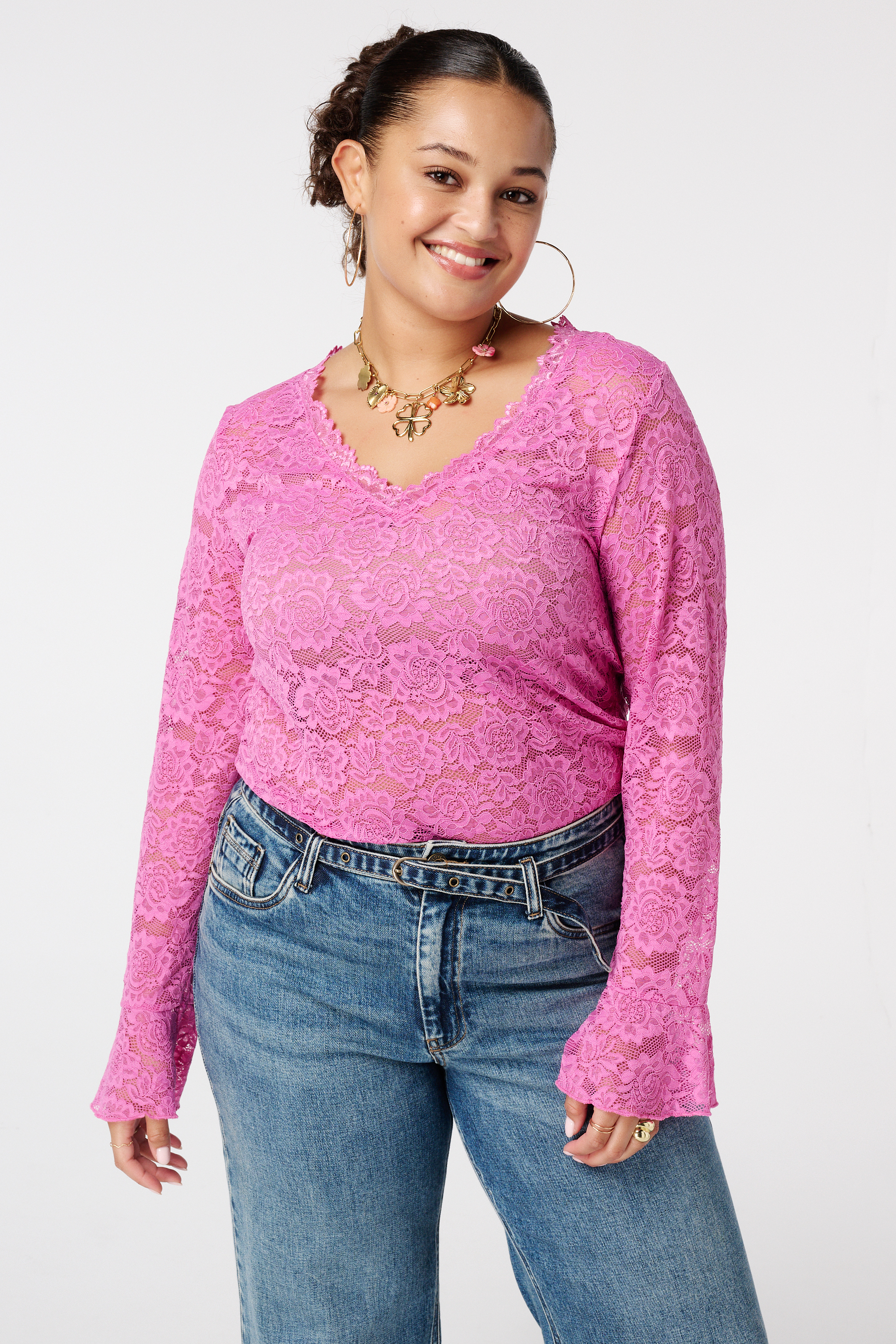 Kanten top met lange mouwen Pink