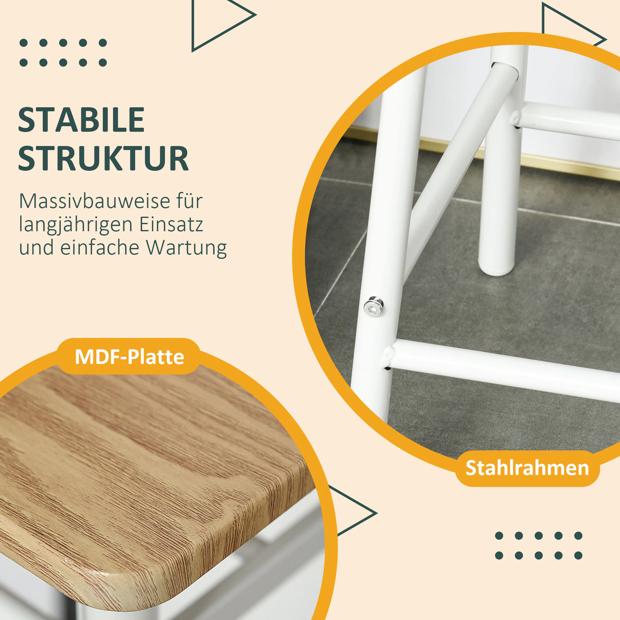 HOMCOM Bartisch-Set 3-teiliges Bar-Set bestehend aus einem Tisch und 2 passenden Hockern Weiß, Eiche 80 x 50 x 90 cm (BxTxH)