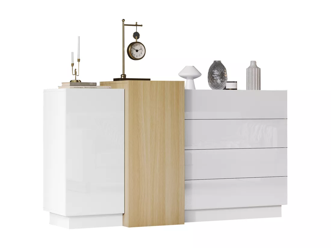 Buffet avec 3 tiroirs et 4 portes - 160 x 37 x 75 cm - Bois MDF - Couleur blanc brillant et bois