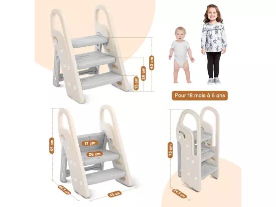 Marchepied Pliable pour Enfant Bébé avec 3 Marches Antidérapant, Rehausseur Stable, Hauteur Réglable, Multifonction avec Poignées Sécurité pr Salle de bain, Gris et beige