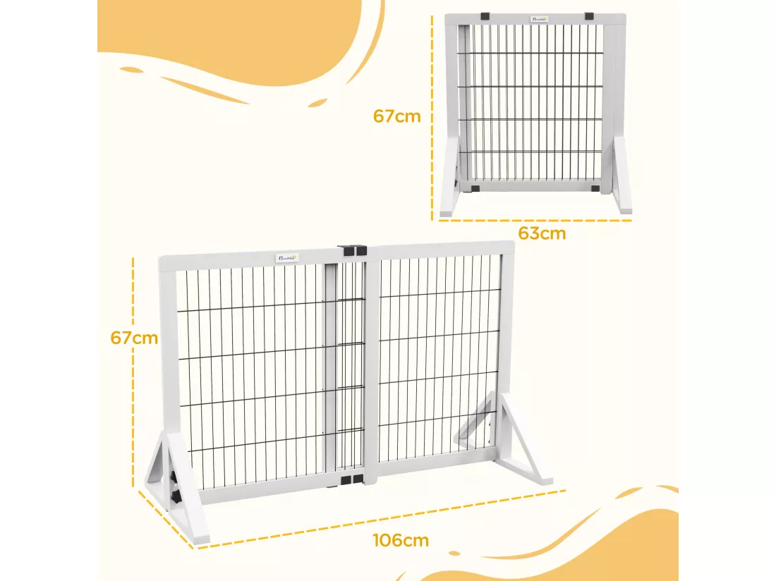 Barrière de sécurité pour chien, barrière de protection à 2 panneaux largeur réglable 63-106L x 44l x 67H cm, barrière pour escalier, porte, couloirs, en bois de pin et acier, blanc