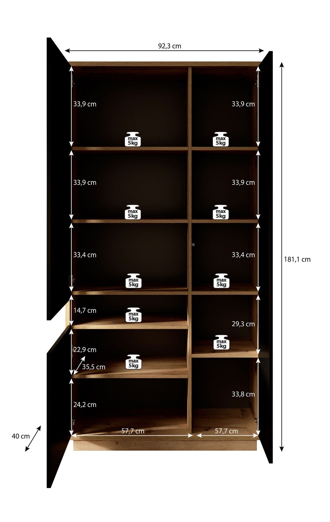 Meubella - Vitrinekast Acuna - Mat zwart - Eiken - 92 cm