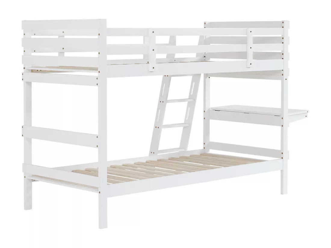 Lit superposé pour enfants 90x200cm, avec escalier, design barrière de sécurité, bureau, pin + MDF, blanc