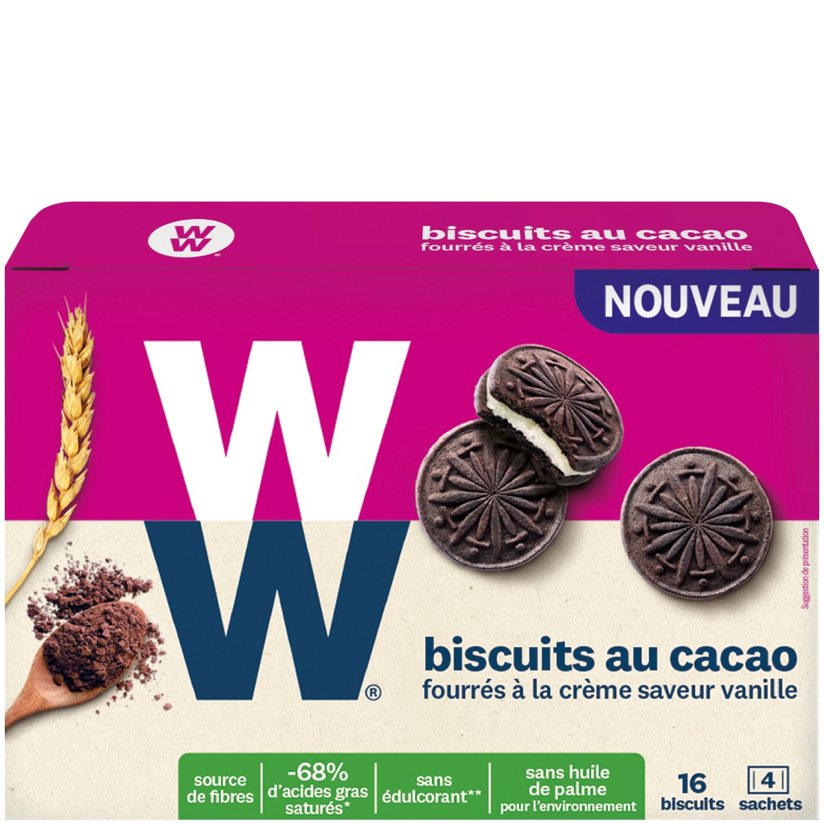 Biscuits cacao - Crème saveur vanille - 12 x 16 unités
