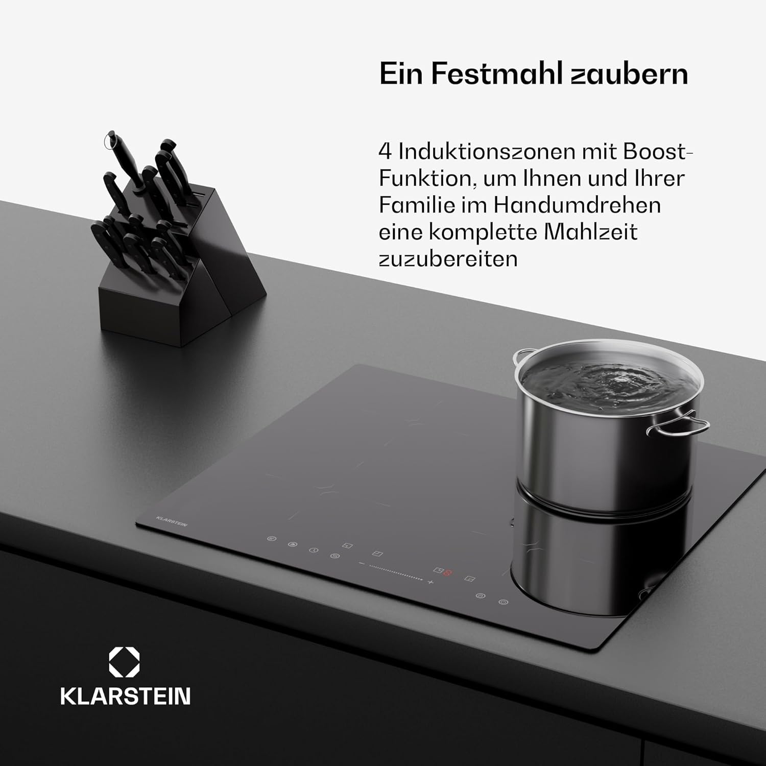 Klarstein PowerGlide Induktionskochfeld - 4-Zonen Induktionsherd, 7800 W Power Boost, 9 Heizstufen, SenseControl, Timer & Kindersicherung, 60 cm Elegantes Design