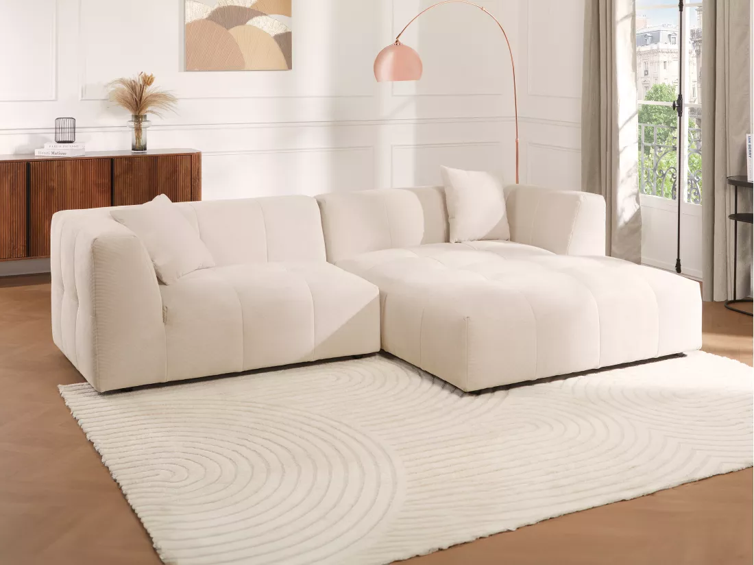 Canapé d'angle droit en velours côtelé beige NAEMIA de Maison Céphy