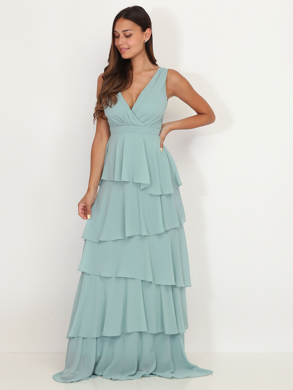 Robe longue à volants- Vert clair