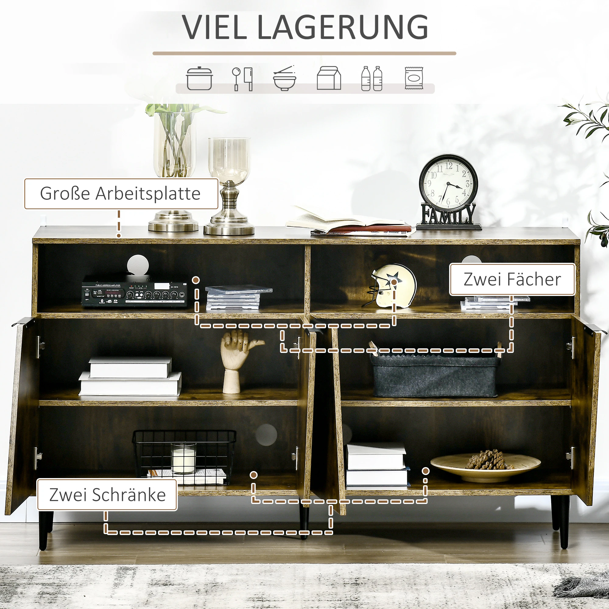 HOMCOM Küchenschrank mit Anti-Kipp-Sicherung schwarz, natur 147L x 40B x 83H cm